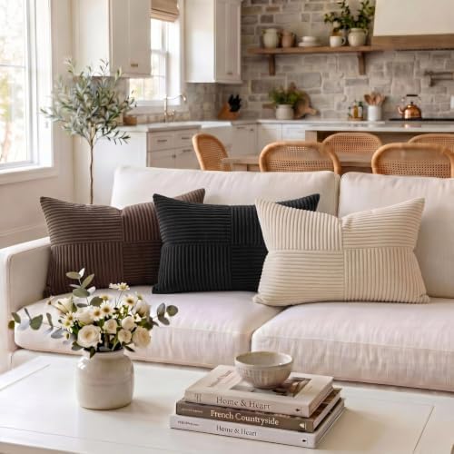 Fancy Homi 2 Packs Black Long Lumbar Decorative Throw Pillow Covers 16x24 Inch for Couch Bed Sofa, Rustic Farmhouse Boho Home Decor, Soft Striped Corduroy Rectangle Accent Cushion Case 40x60 cm - Image 2