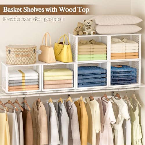 3 Pack Stackable Closet Organizers and Storage Basket, Closet Shelves with Wood Top Extra Storage, Multifunctional Clothes Organizer Bins/Cube Storage Drawer for Wardrobe Kitchen Laundry Room, White - Image 5