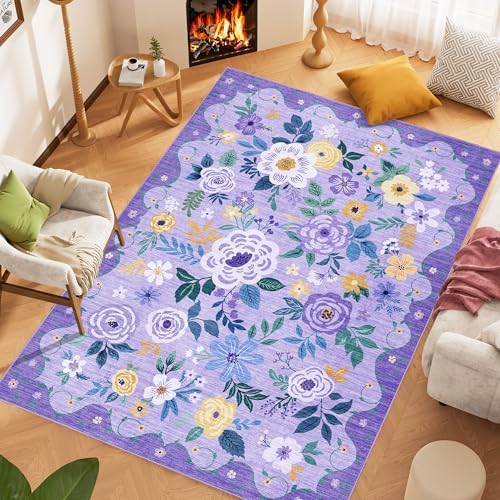 DUKINO 8x10 Area Rugs, Floral Washable Living Room Rug Non Slip, Purple - Image 3