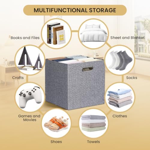 Posprica Fabric Storage Cubes, 13x13 Collapsible Storage Bins with Dual Handles, Foldable Storage Boxes Basket for Closet Shelf Cabinet Bookcase Organization, Set of 4, Houndstooth - Image 5