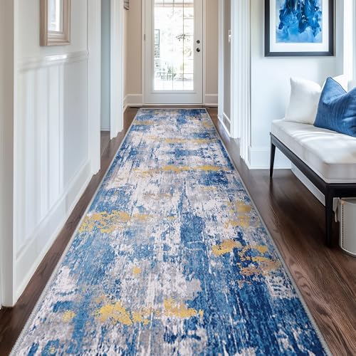 RELEANY Washable Runner 2'x10' Abstract Area Rug for Hallway Blue Gold by RELEANY