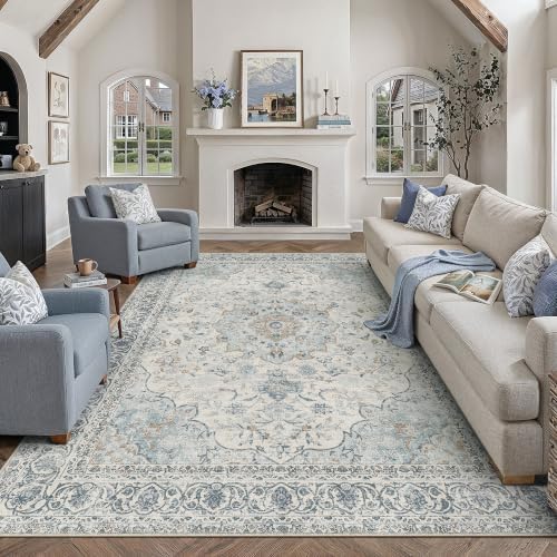 8x10 Washable Area Rug Navy Blue Non Slip Vintage Carpet - Image 2