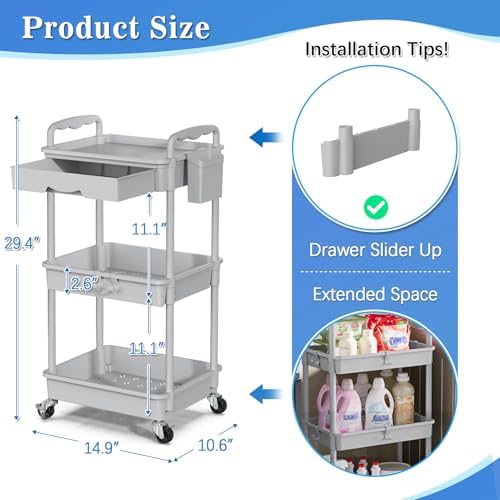 SUNALLY 3 Tier Rolling Cart with Drawer, Craft Storage Cart Organizer, Gray - Image 2