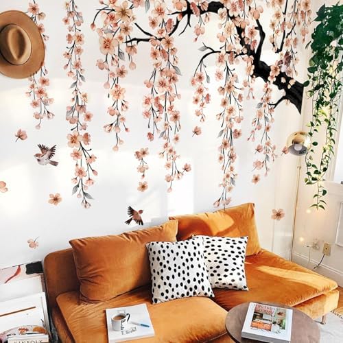 Cherry Blossom Tree Wall Decals with Birds, Large Removable Peel and Stick Flower Wall Stickers for Girls Room, Bedroom, Living Room Decor, 61.81 x 50.39 Inch, 4 Sheets (Apricot) - Image 2