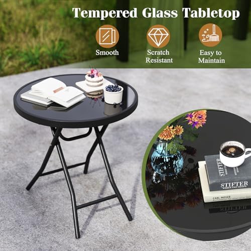 GIANTEX Folding Side Table w/Tempered Glass Tabletop & Metal Frame, Black - Image 4