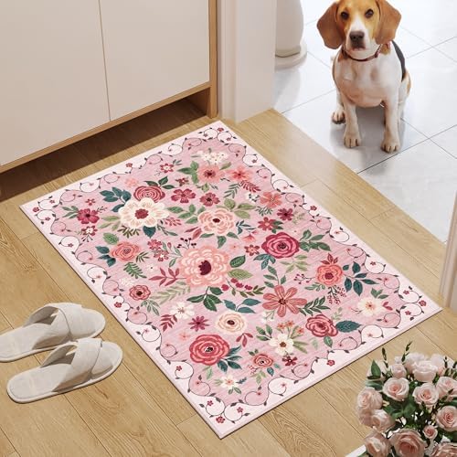DUKINO 2x3 Entryway Rug, Floral Door Mat Soft Washable Rug Non Slip, Pink - Image 3