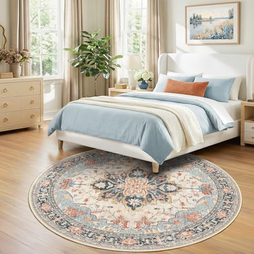 RELEANY Washable Area Rug, Round 7ft, Beige/Blue/Orange - Image 2