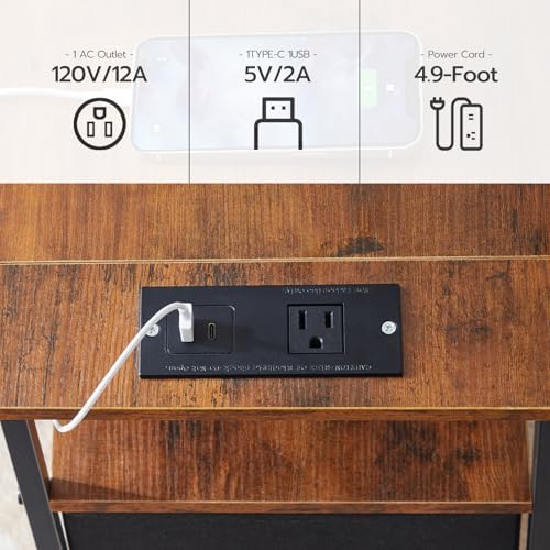 HOOBRO End Table with Charging Station, Narrow Side Table with 2 Fabric Drawers, Skinny Nightstand with Storage, Slim Bedside Table for Living Room, Small Spaces, Rustic Brown and Black BF487UBZ01 - Image 5