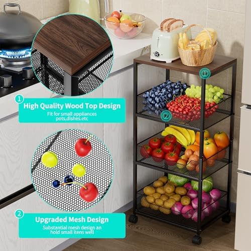 HapiRm Fruit Basket Kitchen Cart - 4-Tier Rolling Storage Cart with Wheels, Fruit Vegetable Basket with Wood Top, Pantry Utility Kitchen Organizer for Fruit Potato Onion Vegetable Bread Snack - Image 2