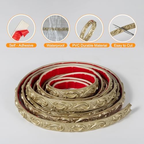0.8" x16.4FT Champagne Gold Crown Molding Trim - Peel and Stick 3D Floral Wall Trim for Mirror Frames, Furniture & Ceiling Decor (Self-Adhesive PVC) - Image 3