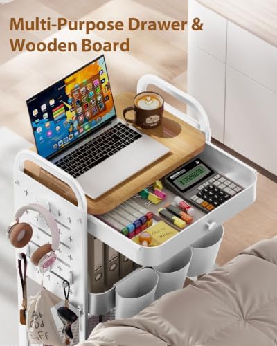 ALVOROG 3 Tier Metal Rolling Cart with Drawer,Wood Top,Pegboards,White - Image 3