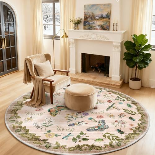 Washable Round Rugs for Bedroom 4ft: Living Room Rug Stain Resistant Non Slip Low Pile Ultra Soft Faux Wool Small Circle Rugs for Kitchen Entryway Bathroom Nursery Dorm Home Office Entrance Indoor by palohom