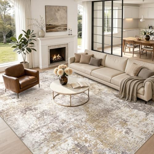 Nakagishi 10X14 Area Rugs for Living Room: Washable Modern Abstract Rug with Non-Slip Silicone Backing Low Pile Soft Carpet for Bedroom & Dining Decor Ideal for Families with Kids and Pets-Brown by NakagishiAreaRug