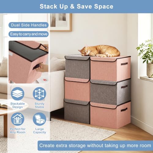 Bagnizer Linen Fabric Foldable Storage Cube Bin Organizer Basket with Flip-Top Lid & Handles, Large Clothes Blanket Box for Home, Office, Closet, Gray & Pink, 4 Pack 14.6 x 9.5 x 9.5” - Image 5