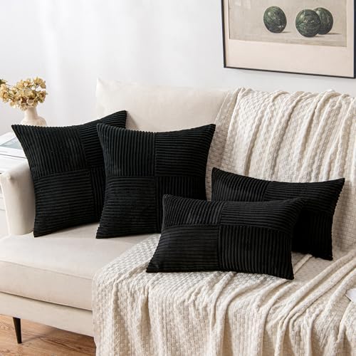 MIULEE Black Decorative Throw Pillow Covers 18x18 Inch for Couch Bed Sofa Pack of 4 Boho Farmhouse Throw Pillows Soft Cross Corduroy Patchwork Textured Cushion Cases - Image 4