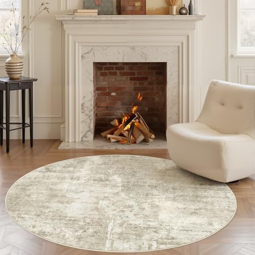 Soalmost Abstract 5x5 Round Rug 5ft Circle Living Room Rugs, Beige/Gray - Image 2