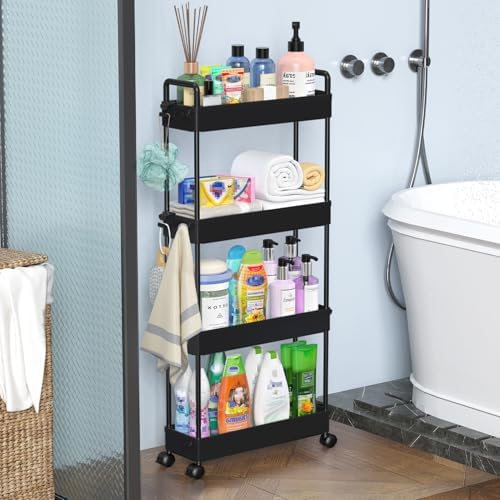 SOLEJAZZ Slim Rolling Storage Cart Skinny Bathroom Organizer, 4 Tier, Black - Image 7