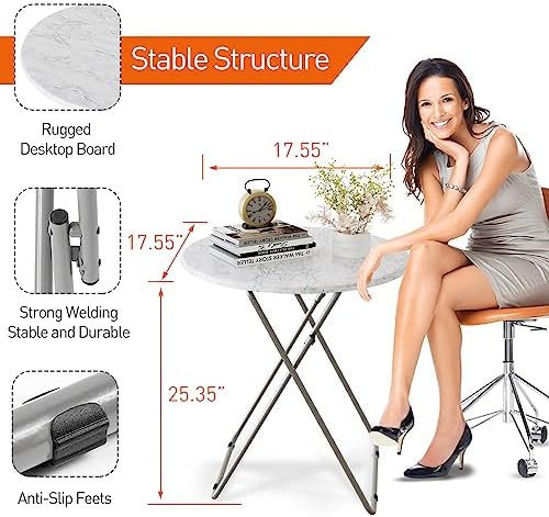 TV Tray Table, Round Folding Table, Foldable Snack Tray for Eating, Small Folding Table Set of 2, Dinner Table for Couch, Living Room, Small Space (White Marble, 2Pcs) - Image 4