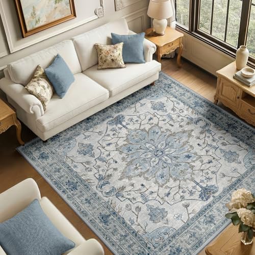 RELEANY Washable Area Rug, Square 6'x6', Blue/White/Gray by RELEANY