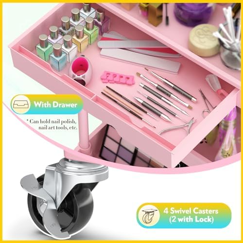 SUNALLY Makeup Cart Organizer with Drawer, 3 Tier Rolling Makeup Cart, Pink - Image 3