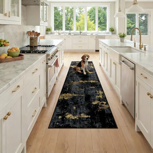 RELEANY Washable Runner 2'x7' Abstract Area Rug for Hallway Black Gold by RELEANY