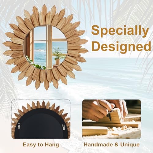 20" Round Sunburst Wooden Mirror Boho Rustic Wall Decor - Image 4