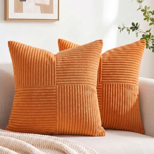 Fancy Homi 2 Packs Burnt Orange Big Decorative Throw Pillow Covers 24x24 Inch for Living Room Couch Bed, Farmhouse Boho Home Decor, Soft Corss Corduroy Patchwork Accent Square Cushion Case 60x60 cm by Fancy+Homi