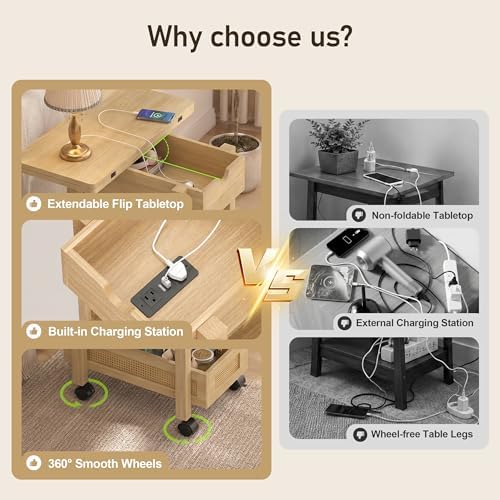 YOSHOOT Narrow End Table with Charging Station, Small Bedside Table - Image 7