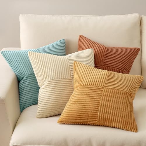 MIULEE Fall Boho Farmhouse Decorative Throw Pillow Covers 20x20 Inch 4 Packs Soft Vintage Pillow Cases Modern Corduroy Patchwork Cushion Covers for Couch Sofa Bed Home Decor, Teal-Rust - Image 2