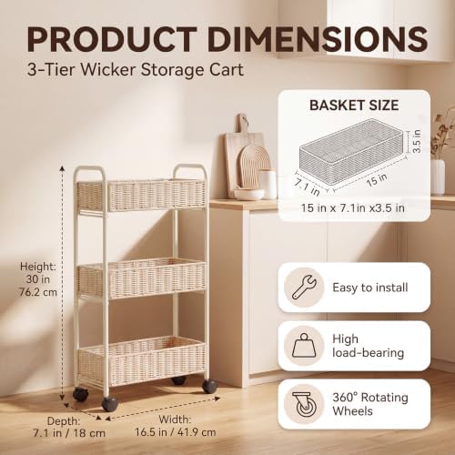FOCHIER F Utility Slim Storage Cart,3-Tier Rolling Kitchen Office Laundry Room Cart with Wheels,Mobile Shelving Unit Organizer for Living Room,Bathroom, Baby Diaper,Art,Dining Room Narrow Places - Image 2