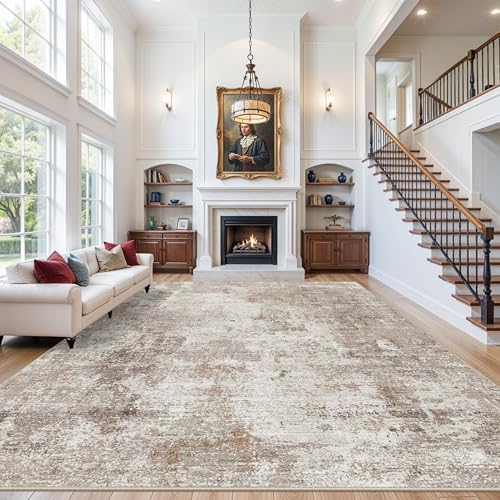 12x15 Area Rug for Living Room – Large Modern Neutral Abstract Thin Washable Carpet, Soft Low Pile Non-Slip Stain-Resistant for Bedroom Dining Room Home Office (Beige Grey) by ZHXXUJ