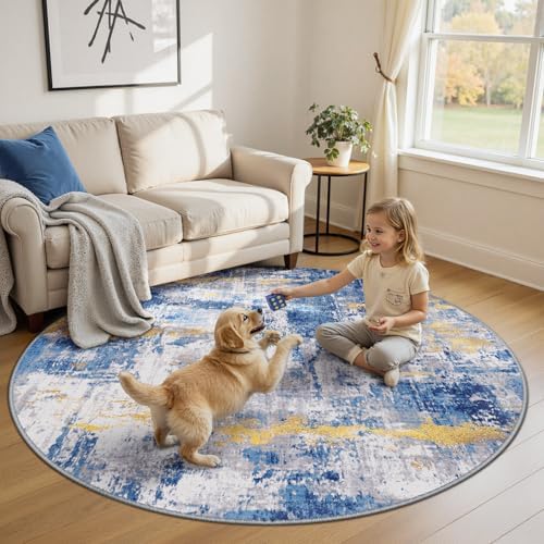 RELEANY Washable Round 8ft Area Rug for Living Room Blue Gold by RELEANY
