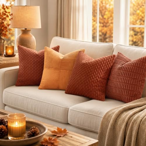 MIULEE Fall Decorative Throw Pillow Covers 18x18 Rust Textured Corduroy - Image 3