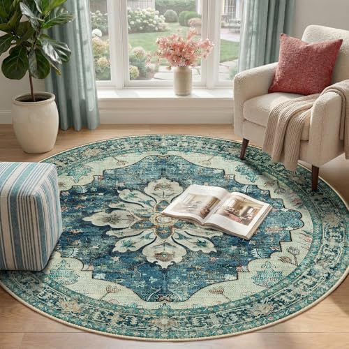 RELEANY Washable Area Rug, Round 4ft, Blue/Vintage Dark Blue - Image 2