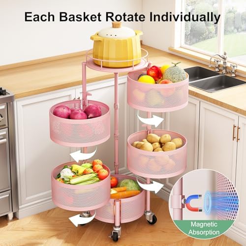 SAYZH 5 Tier Fruit Vegetable Basket Stand for Kitchen, Rotating, Pink - Image 3