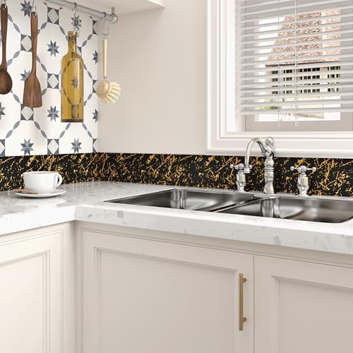 Wallercity Border Wallpaper for Bathroom Peel and Stick Border Trim Waterproof Marble Countertop Contact Paper Self Adhesive Wallpaper Borders for Kitchen Mirror Trim Hallway Black/Gold 3.94''x394'' - Image 3