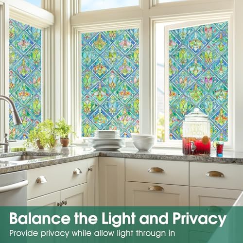 Beautyhero 320 Window Privacy Film, Faux Stained Glass Window Film Heat Blocking 99% Anti UV, Removable 3D Colorful Decorative Caschew Glass Covering,16.9"*118.1" - Image 5