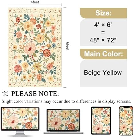 DUKINO 4x6 Area Rug, Floral Washable Office Chair Rug Non Slip Beige Yellow - Image 2