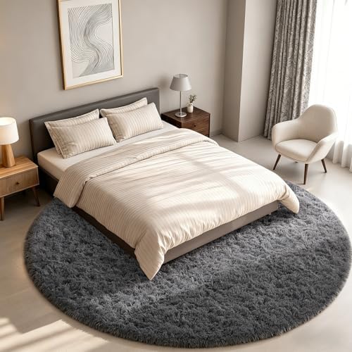 Ophanie Round Rug 8Ft Grey Circle Area Rugs,Large Fluffy Fuzzy Living Room Carpet 8 feet,Plush Shag Solid Indoor Floor Gray Bedroom Circular Decor for Kids Teen Boys Baby,with Over 99 pcs Pile fibers - Image 2