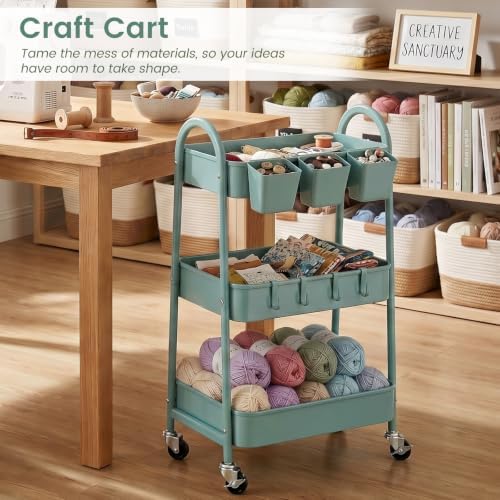 danpinera 3-Tier Rolling Cart, Utility Cart Mobile Metal Rolling Storage Cart with Lockable Wheels & Hanging Cups & Hooks for Kitchen, Bathroom, Office, Workshop, Green - Image 6