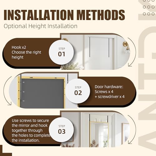 Antok Over The Door Mirror Full Length, 49'' x 14''Wall Mounted Hanging Mirror, Aluminum Alloy Frame, Shatterproof Glass, No Drill Installation for Bedroom, Closet, Bathroom, Dorm, Rect Corner, Gold - Image 6