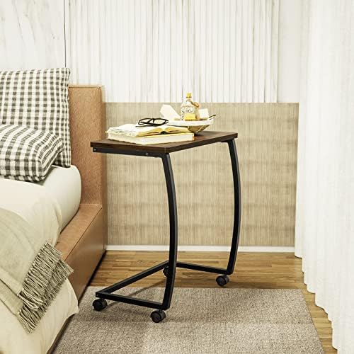 SRIWATANA Dark Walnut C Shaped Side Table with Wheels, Wood End Sofa Table - Image 3