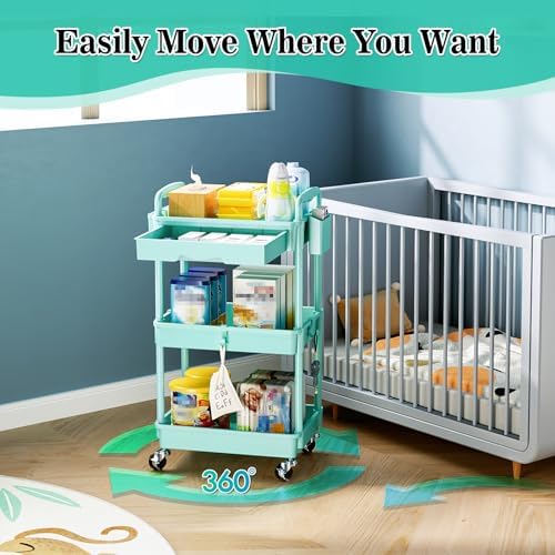 SUNALLY 3 Tier Rolling Cart with Drawer, Craft Storage Cart Organizer, Blue - Image 4