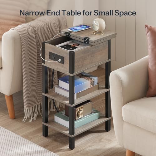 HOOBRO End Table with Charging Station, Flip Top Side Table with USB Ports, Narrow Nightstand Bedside Tables with Storage Shelves, for Small Space, Living Room,Greige and Black BG141UBZ01 - Image 4