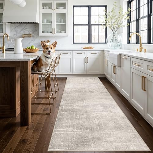 Abstract 3x10 Kitchen Rug Runners - Washable 10ft Hardwood Sink Rugs Non-Slip Hallway Entryway Area Rugs Soft Floor Mat Indoor Farmhouse Carpet for Bathroom Living Room Bedroom (3x10,Beige/Cream) by HYHAOYUNLAI