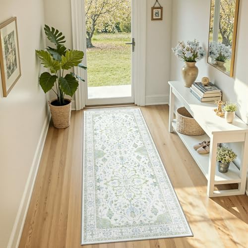 RELEANY Washable Area Rug, Runner 2'x5', Green/White/Blue by RELEANY