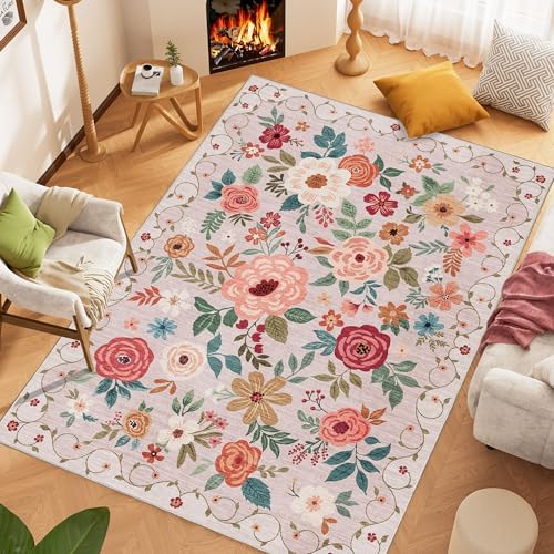 DUKINO 6x9 Area Rugs, Floral Washable Rug for Bedroom Non Slip, Beige - Image 3