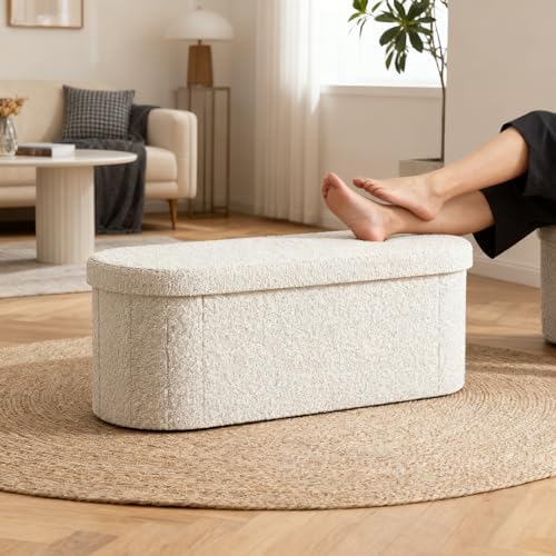 GLAXYFUR Oval Ottoman with Storage for Living Room, Sherpa Bench, Beige - Image 3