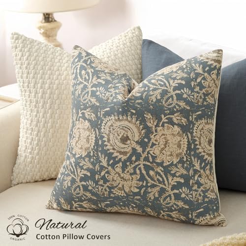 Vintage Floral Print Throw Pillow Covers 18x18 Set of 2 Neutral Modern Farmhouse Pillowcase Accent Decorative Cushion Covers Boho Home Decor for Couch Sofa Chair Bed Living Room, Dusty Blue - Image 2