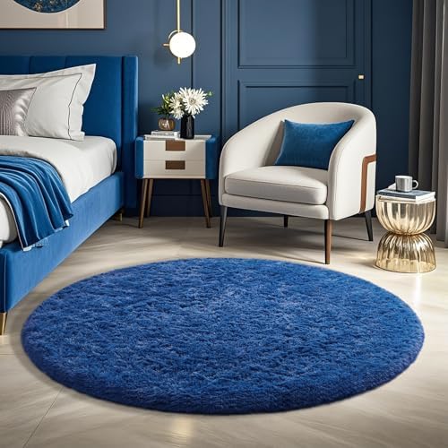 Ophanie Round Rug 4Ft Blue Circle Area Rug, Boys Room Decor, Fluffy Fuzzy Bedroom Carpet, Plush Soft Shaggy Living Room Rugs for Kids Home Decor Aesthetic, Nursery with 99 pcs Pile fibers by Ophanie